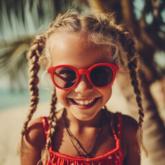 niña de 6 años, rubia con trenzas, gafas de sol rojas y bañador, sonriendo a cámara en una playa tropical con palmeras