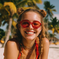 Chica joven de 20 años con pelo rubio con dos moños, sonriendo a cámara con gafas de sol rojas y bañador, en una playa tropical de arena blanca y palmeras