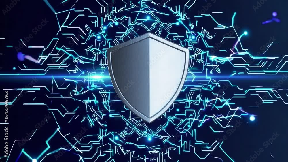 Poster Futuristic cybersecurity shield digital protection technology glowing blue circuit secure abstract background concept with