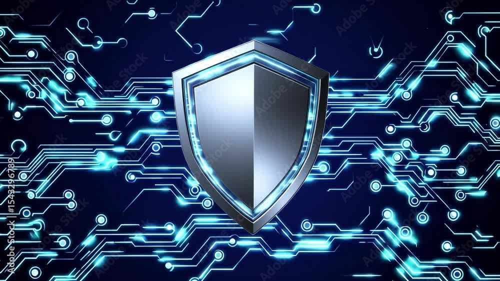Poster futuristic cybersecurity shield with digital protection, blue glowing circuit, secure technology, ab