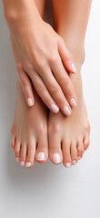 Close-up of young woman's well-groomed toes and fingers with French pedicure and manicure on white background