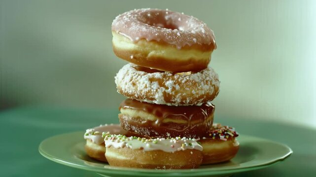 Tasty dessert with three doughnuts stacked on a plate. One is frosted with pink icing, and one has nutty frosting.