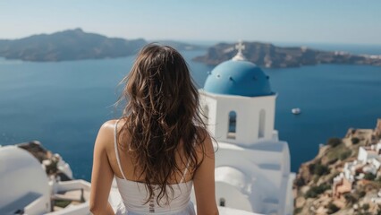 Obraz premium Greece- Santorini- Oia- back view of woman standing next to bell tower looking to the sea