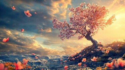 A stunning cherry blossom tree stands majestically under a dramatic sky, showcasing the beauty of nature in a moment filled with hope and tranquility.
