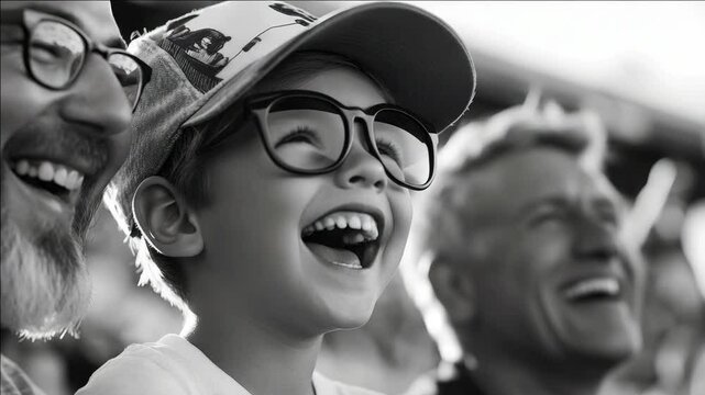 Little boy enjoying a sports event, wearing baseball hat and sunglasses, with wide grin on his face.