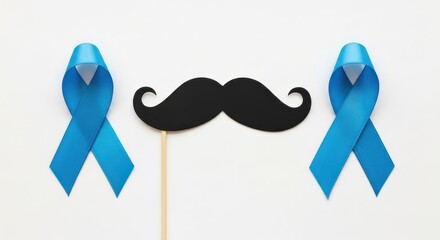 Movember Concept With Blue Ribbon and Mustache on White Background Awareness Month Concept for Men