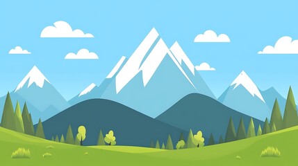A serene landscape of snow-capped mountains and a grassy valley.