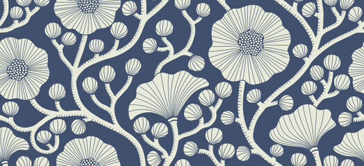 Abstract flower line art seamless pattern. floral hand drawn vector background.