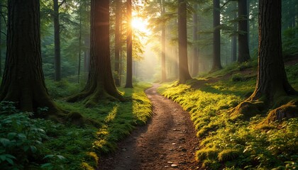Sunlit forest path winds, creating serene trail. Sunlight streams through lush green trees, moss. Inviting outdoor space, nature, travel, tourism, adventure, relaxation.