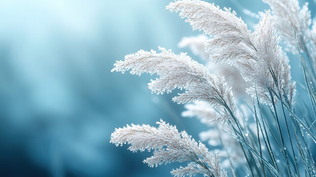 Closeup of morning dew on grass blades against soft pastel blue background, right half minimal