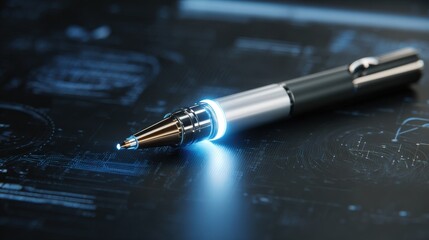 Futuristic Pen Glowing on a Tech Blueprint Design Background Innovative Writing Tool Concept