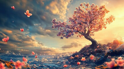 A mesmerizing cherry blossom tree stands alone amidst a vibrant sunset, evoking a sense of tranquility and beauty, surrounded by drifting petals and a dramatic sky.