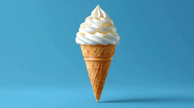Soft serve ice cream cone with golden star sprinkles rotates in a seamless loop against a solid blue background.