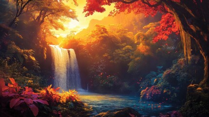 A stunning waterfall cascades through a vibrant autumn forest, with hues of orange and red surrounding a peaceful pool, encapsulating the beauty of nature's changing seasons.