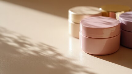 Elegant Pink and Gold Cosmetic Jars on Beige Background with Soft Light and Shadows