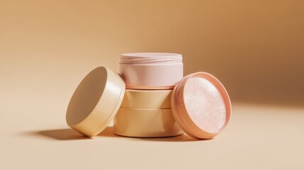 Elegant Stack of Skincare Jars on Beige Background Beauty Product Mockup