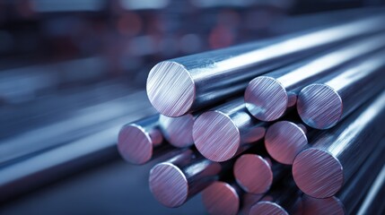 Close up shot of stacked metallic rods industrial metal bars shiny steel cylinders for manufacturing