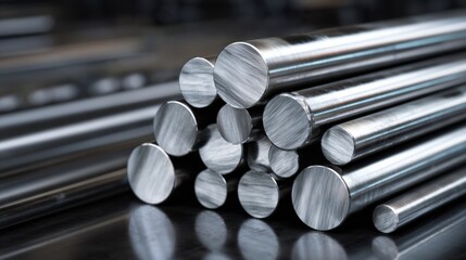 Close up of Stacked Metal Rods Polished Steel Bars Industrial Material Texture
