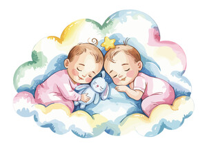 Sweet Dreams Twins Sleeping on a Cloud Illustration