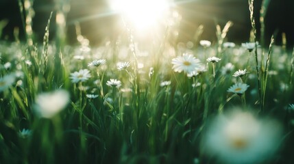 A sunlit field of blooming daisies glistens in the morning light, creating a dreamy and serene atmosphere that celebrates the beauty of nature's diversity and freshness.