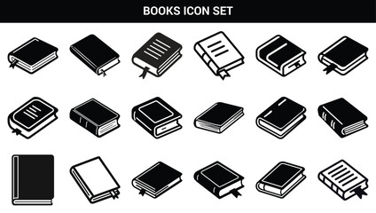 Black and White Icon Set Depicting Various Book Designs with Ribbons and Lines