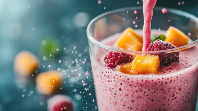 Indulge in the vibrant colors and refreshing essence of a delicious fruit smoothie topped with fresh berries and mango, highlighting health and culinary creativity in a delightful way.