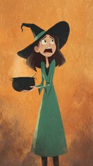 A young woman in a teal dress holds a dark pot.