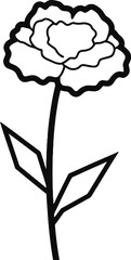 Black and White Outline of a Rose on Stem with Geometric Leaves