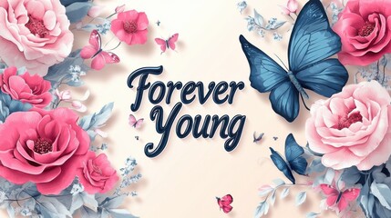 A vibrant floral composition with beautiful roses and colorful butterflies, symbolizing youth, beauty, and the delicate essence of nature.