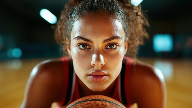 A striking portrayal of a determined young female basketball player intensely focused on the game, held in a spacious gym with vibrant light showcasing her passion for sport.