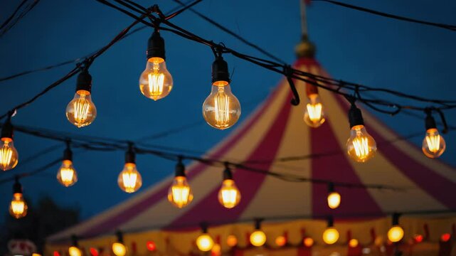 Bright lights illuminating a vibrant carnival tent at dusk