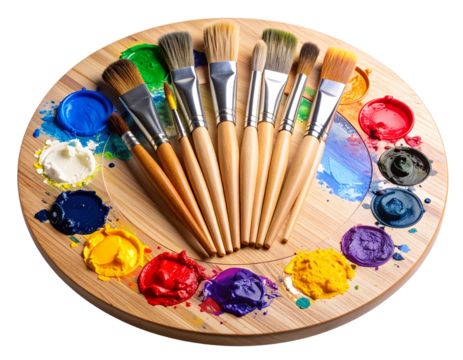 Paint palette with brushes, transparent background.