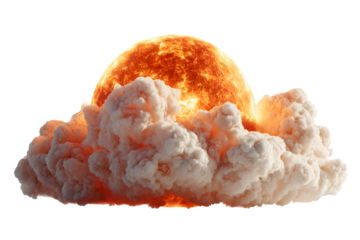 Volcanic eruption with massive smoke cloud against a transparent background rendering