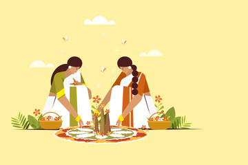 Traditionally dressed women making floral designs on floor. Concept of Onam festival in Kerala	
