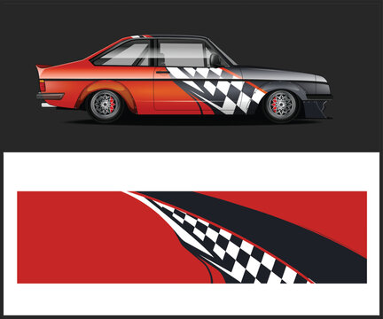 Red Black and White Geometric Car Wrap Design for Racing Vehicles