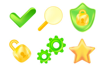 Cute gold 3D security icon set shield, green check mark, security unlocked padlock, star, search, gears design element isolated, transparent background. Glowing glass texture cyber data illustration.