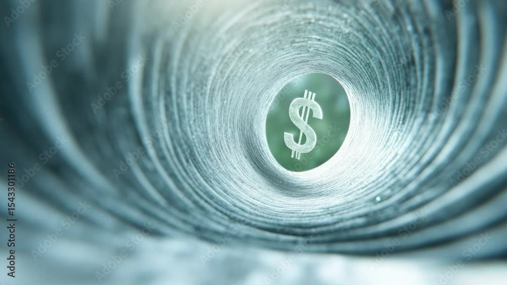Poster dollar coin journey: a lone dollar coin spirals through a mesmerizing vortex, a visual metaphor for 