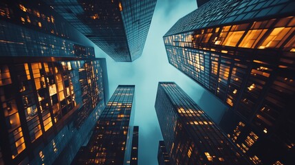 A mesmerizing view of a nighttime urban landscape displaying tall buildings with glowing windows, capturing the essence of city life and modern architectural beauty.