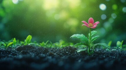A vibrant pink flower stands out with delicate petals amidst raindrops, symbolizing resilience and beauty in a lush green environment filled with fresh life.