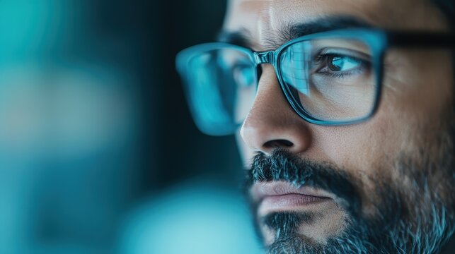 Close-up portrait of a thoughtful man wearing glasses, capturing an introspective moment that evokes feelings of contemplation, wisdom, and the pursuit of knowledge.