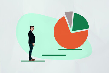 3d pop image zine art collage of happy businesswoman businessman stand career ladder development diagram statistics progress