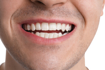 Fototapeta premium Young man with healthy teeth isolated on white background, closeup