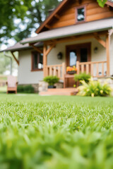 Beautiful Lawn in Front of a Cozy Wooden House