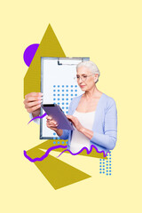 3d pop image zine art collage of happy businesswoman businessman hold clipboard arrow progress work career promotion goal