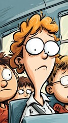 Cartoon depiction of a woman and children on a bus.