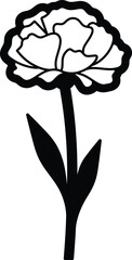 Simple Black and White Floral Illustration Single Flower with Stem and Leaves Isolated