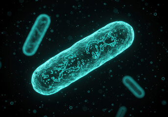 Microscopic view of glowing bacteria in a dark environment, showcasing cellular structures and activity
