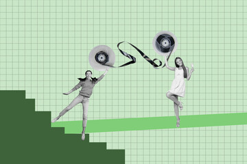 Creative art collage of people stand celebrate near ladder steps with tape audio on green background