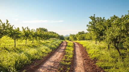 Obraz premium clay soil path through orchard with blooming ground covers .