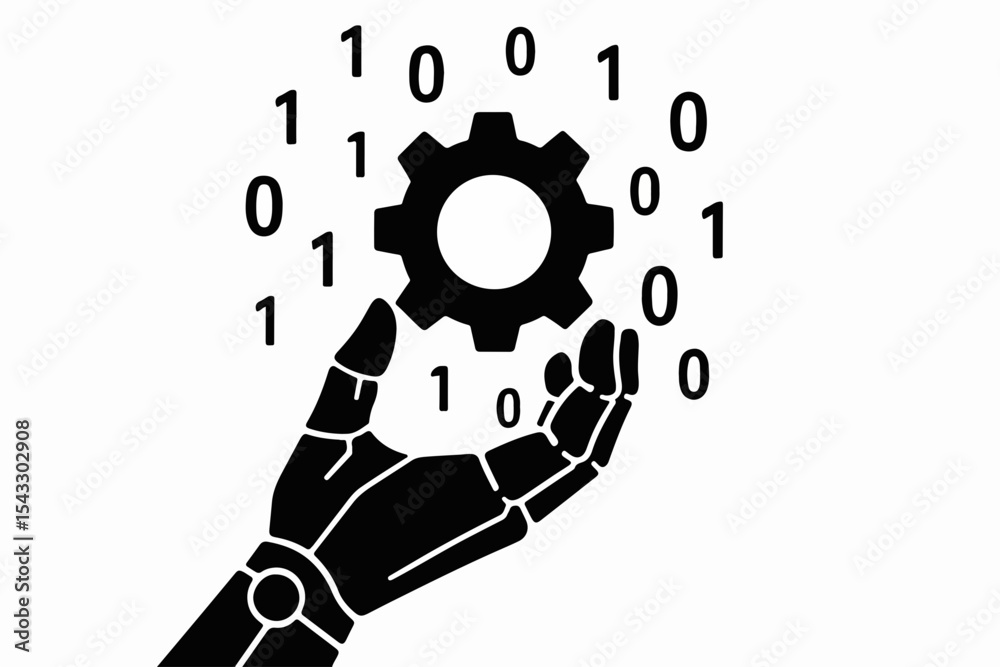 Poster robotic hand holding a gear surrounded by binary code representing artificial intelligence and techn